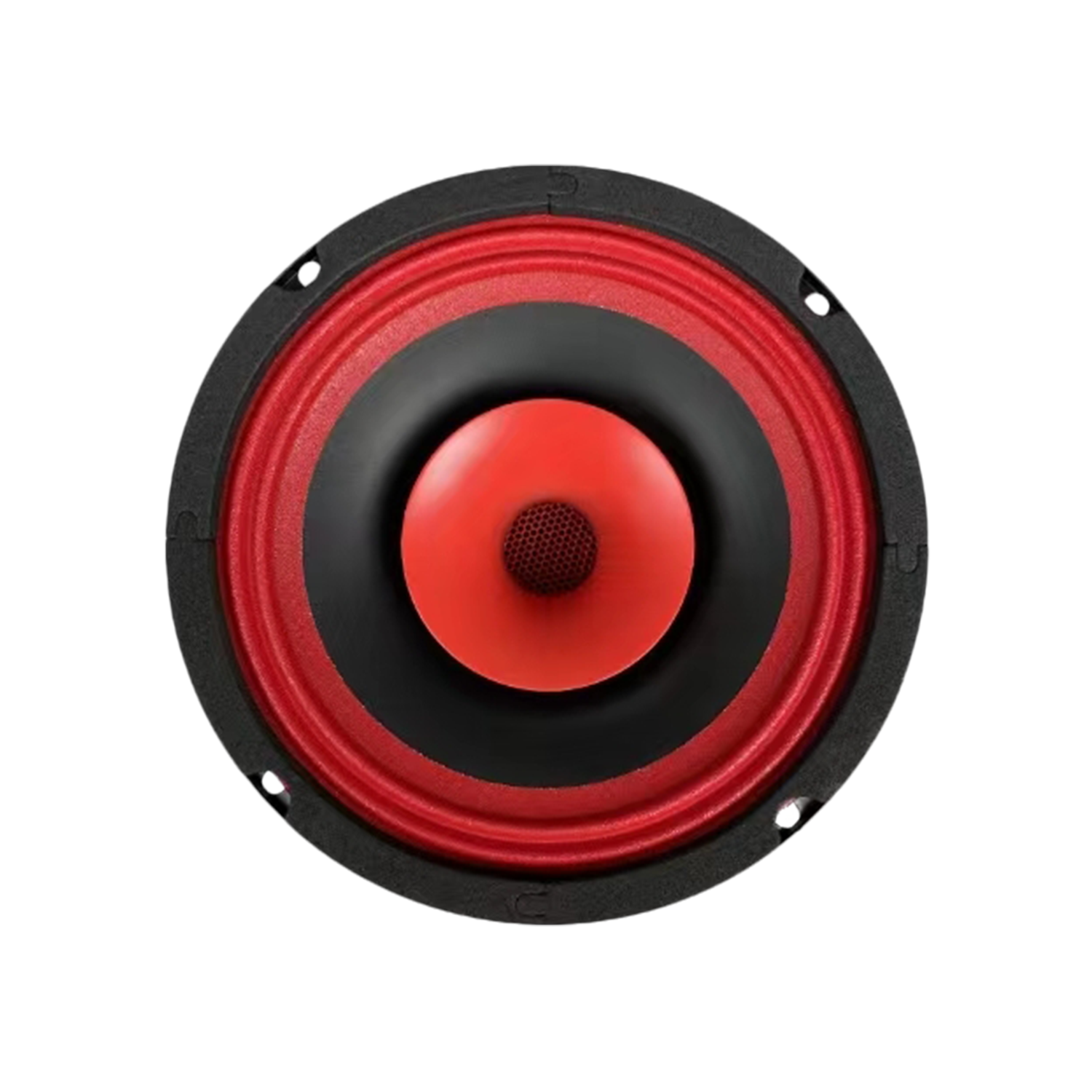 The CVPX65 speaker from the CVPX Series showcases a 6.5" round design with a red cone, black protective rim, and an orange dome center surrounded by a smooth black zone for a modern look that contrasts vibrant red with deep black elements.